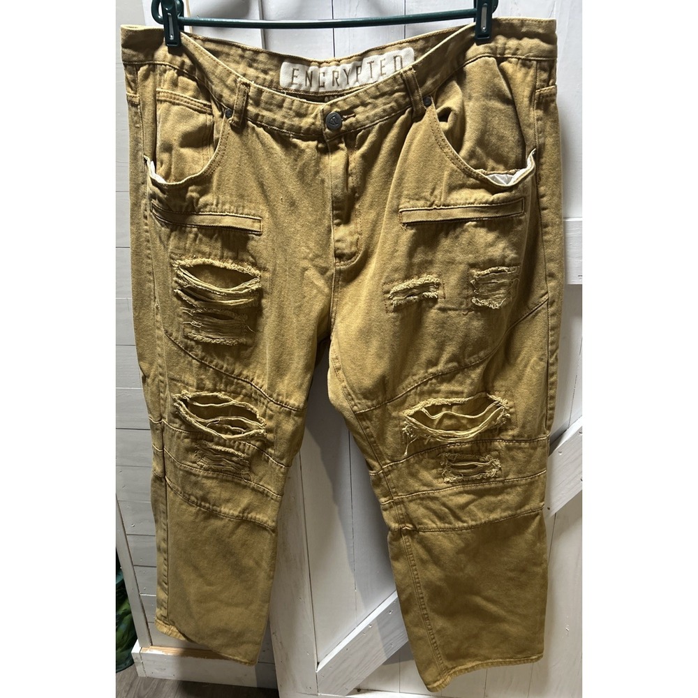 Encrypted Supply Company Y2K Style Distressed Jeans Tan Mens Size 46 Wide Leg